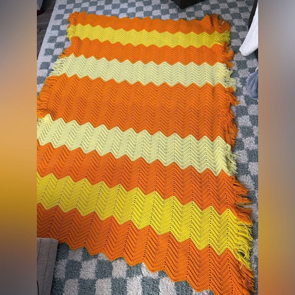 VTG Crochet Afghan Chevron Handmade Sunshine Retro Boho Fringe Orange Yellow L